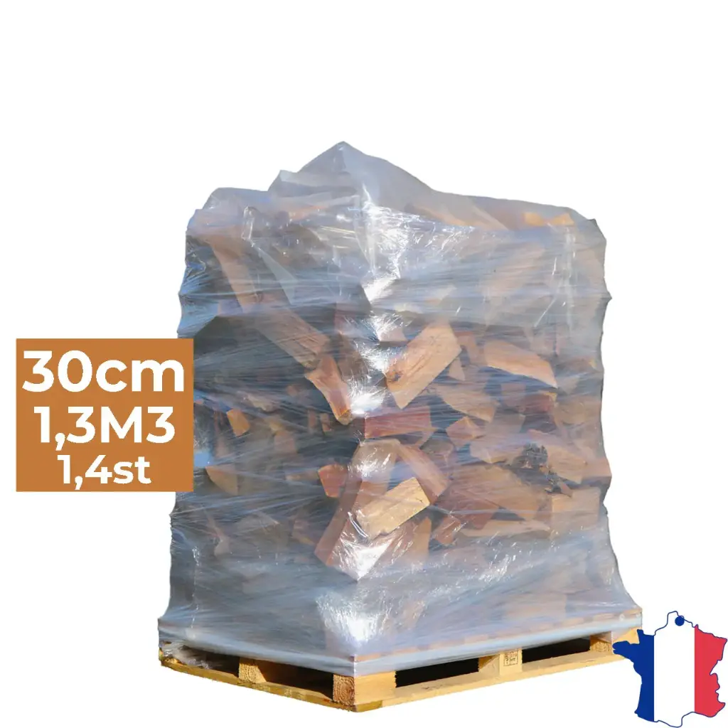 Bois de chauffage 30cm - Palette filet 1,3m3 - Bûches extra sèches (étuvées) - 1,4 stères