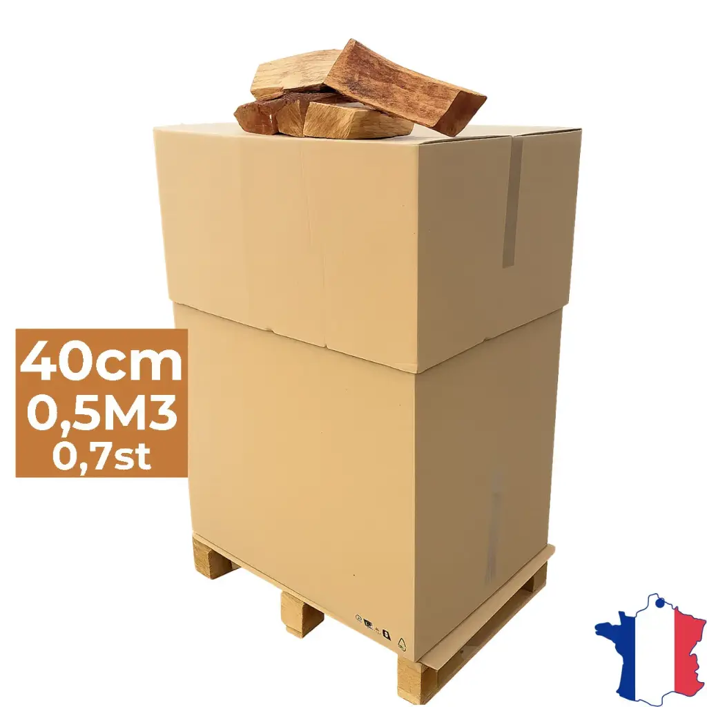 Bois de chauffage 40cm - Palette carton 0,5m3 - Bûches extra sèches (étuvées) - 0,7 stères