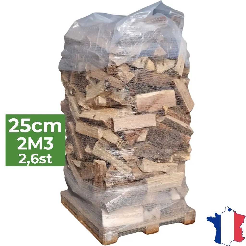 Bois de chauffage 25cm - Palette filet 2m3 - Bûches sèches - 2,6 stères