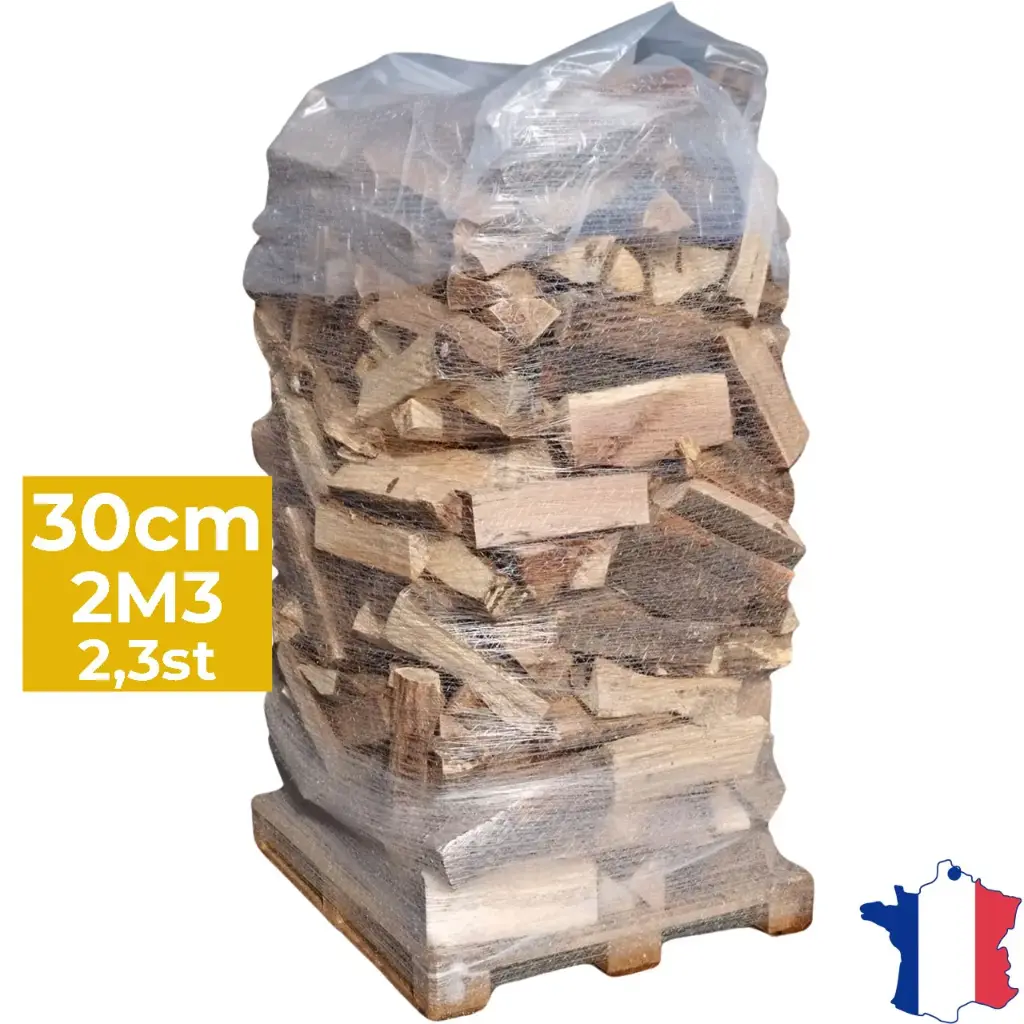 Bois de chauffage 30cm - Palette filet 2m3 - Bûches demi-sèches - 2,3 stères