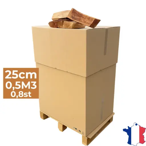 [PAL-CAR-25-ESEC-B05] Bois de chauffage 25cm - Palette carton 0,5m3 - Bûches extra sèches (étuvées) - 0,8 stères
