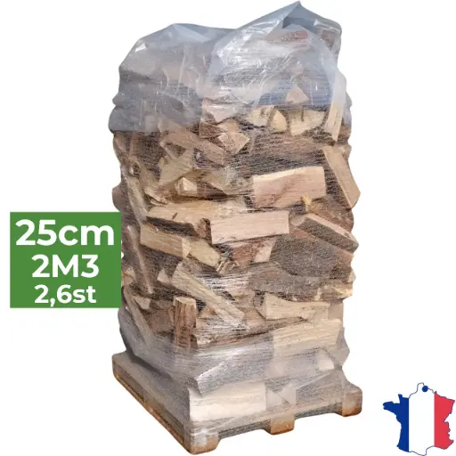 Bois de chauffage 25cm - Palette filet 2m3 - Bûches sèches - 2,6 stères