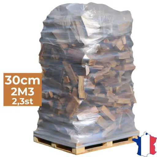 Bois de chauffage 30cm - Palette filet 2m3 - Bûches extra sèches (étuvées) - 2,3 stères