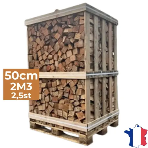 Bois de chauffage 50cm - Palette box 2m3 - Bûches extra sèches (étuvées) - 2,5 stères