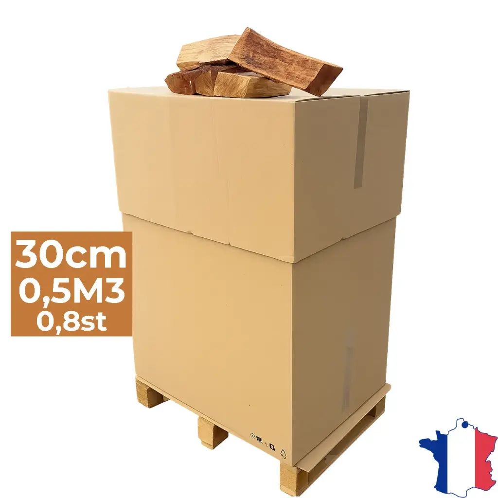 Bois de chauffage 30cm - Palette carton 0,5m3 - Bûches extra sèches (étuvées) - 0,8 stères