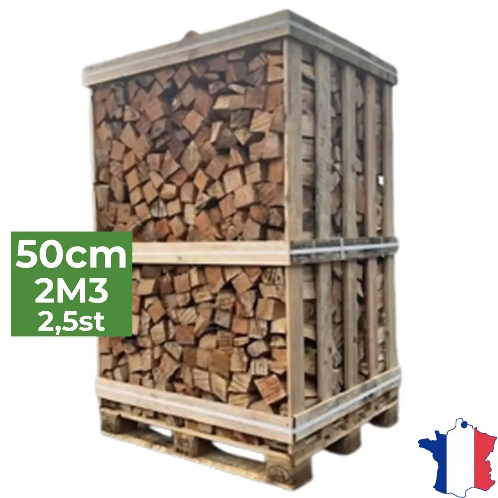 Bois de chauffage 50cm - Palette box 2m3 - Bûches sèches - 2,5 stères