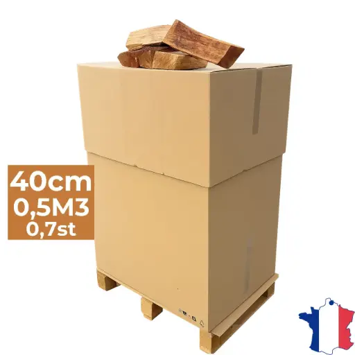 [PAL-CAR-40-ESEC-B05] Bois de chauffage 40cm - Palette carton 0,5m3 - Bûches extra sèches (étuvées) - 0,7 stères