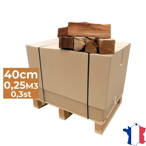 [PAL-CAR-40-ESEC-B02] Bois de chauffage 40cm - Palette carton 0,25m3 - Bûches extra sèches (étuvées) - 0,3 stères