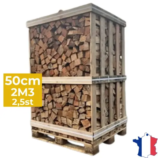 Bois de chauffage 50cm - Palette box 2m3 - Bûches demi-sèches - 2,5 stères